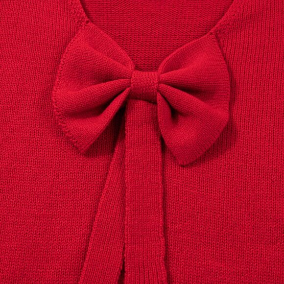 B346 Fiery Red Festive Bow Backless Bubble Sleeve Sweater - Picture 5 of 6
